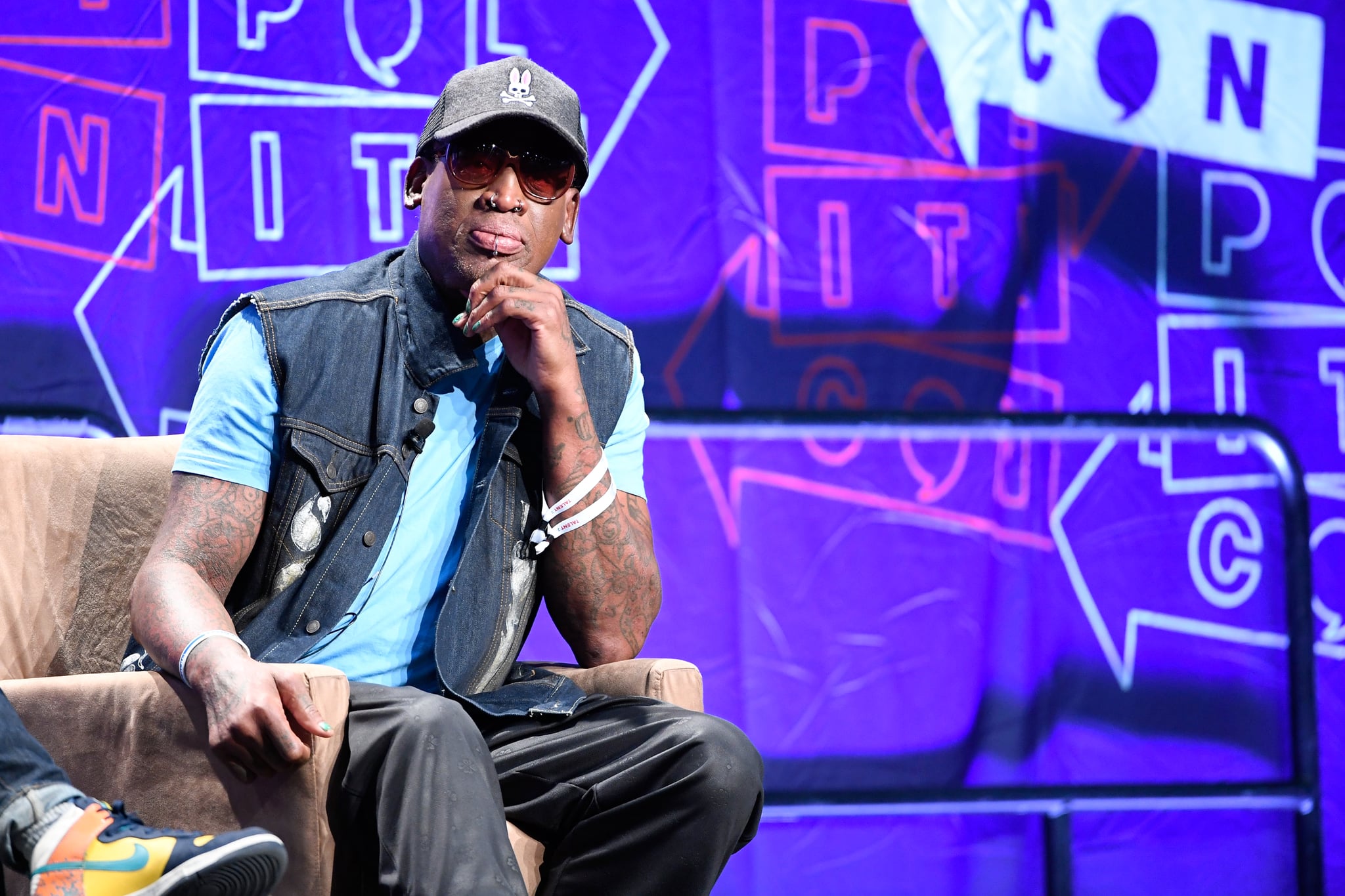 LOS ANGELES, CA - OCTOBER 20:  Dennis Rodman speaks onstage at Politicon 2018 at Los Angeles Convention Centre on October 20, 2018 in Los Angeles, California.  (Photo by Michael S. Schwartz/Getty Images)