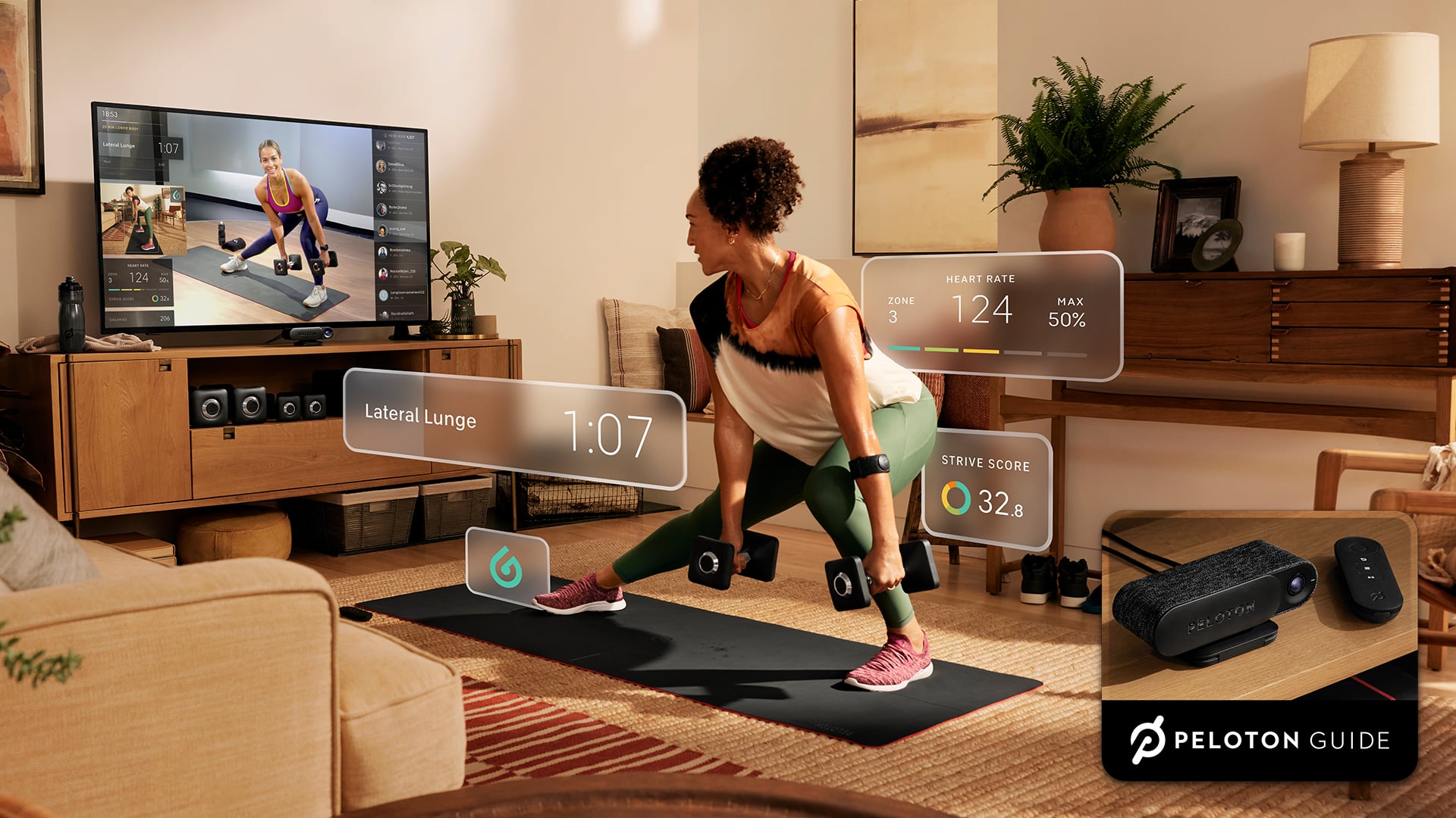 Woman working out in front of the new Peloton Guide.