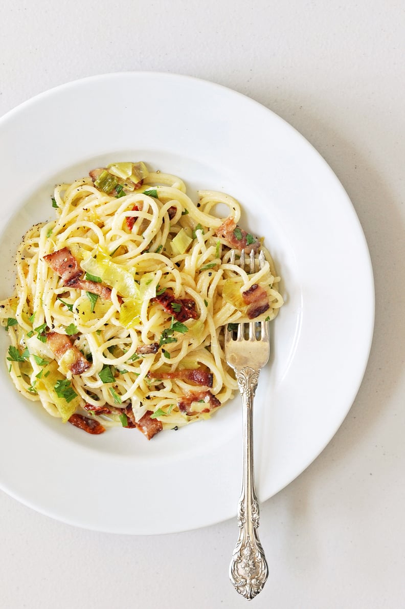 Pasta Carbonara With Leeks and Sundried Tomatoes