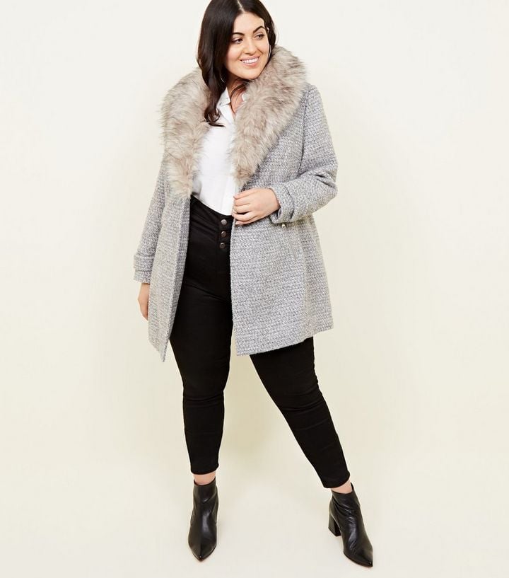 New Look Curves Grey Faux Fur Collar Bouclé Coat