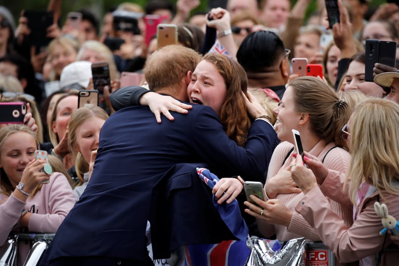 Harry hugged a member of the public during a 2018 visit to the Royal Botanical Gardens in Melbourne.