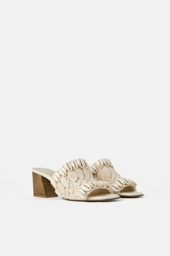 Natural Coloured Heeled Mules With Shells