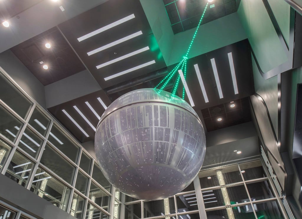 The Death Star, complete with its laser beam.