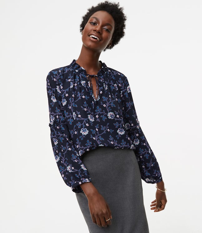Loft Floral Vine Ruffle Tie Mixed Media Blouse Petite Clothing at Loft POPSUGAR Fashion Photo 6