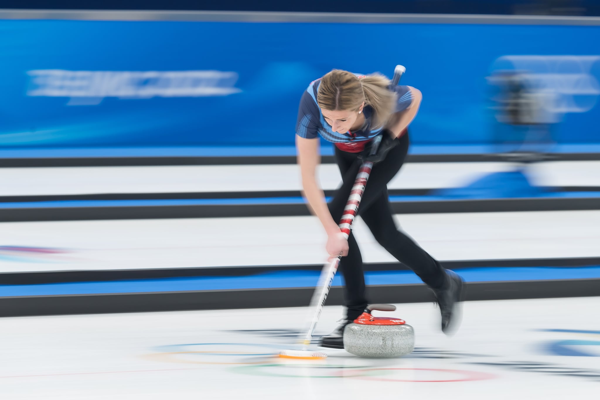 BEIJING, CHINA - FEBRUARY 03: Vicky Persinger of USA in action at Curling Mixed Doubles during the Beijing 2022 Winter Olympics at National Aquatics Centre on February 3, 2022 in Beijing, China. (Photo by Mario Hommes/DeFodi Images via Getty Images)