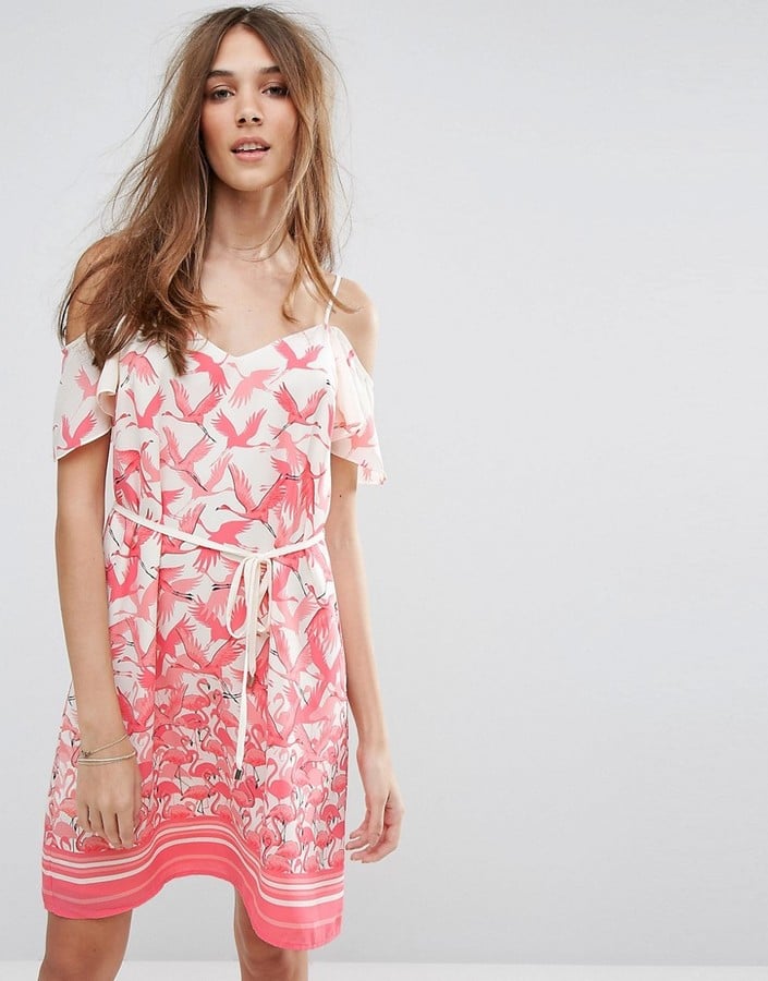 Oasis Flamingo-Print Cold-Shoulder Dress