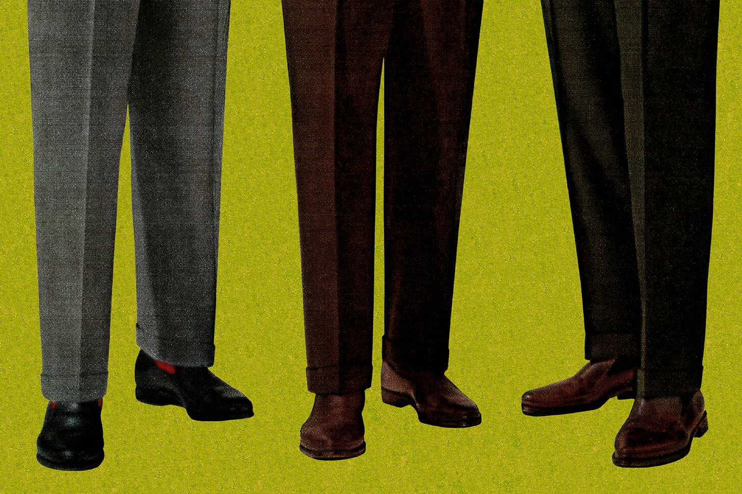 An illustration of men's shoes and legs stand out against a green background.