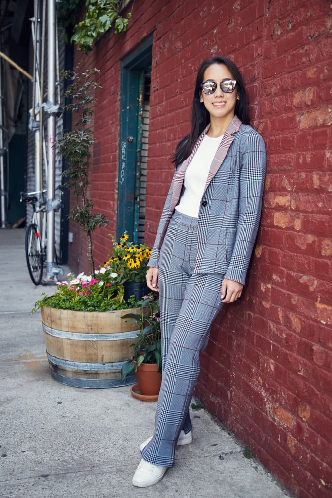 On Marina: Argent pantsuit, Uniqlo top, and Kenneth Cole sneakers.