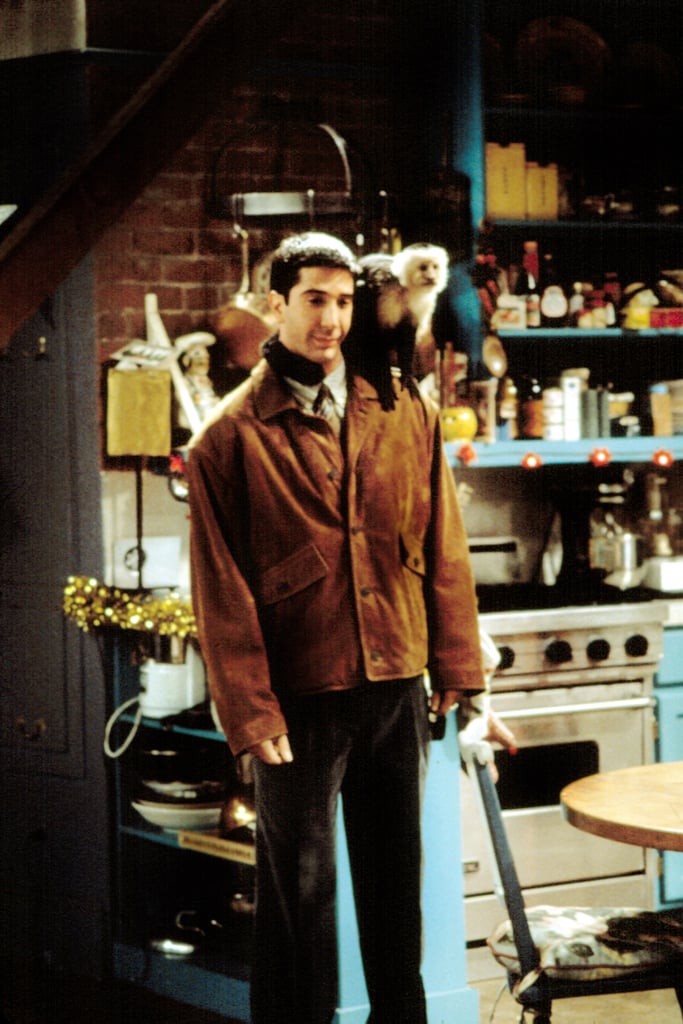 Ever the fashion-forward guy, Ross accessorises this classic suede jacket with his monkey, Marcel.
