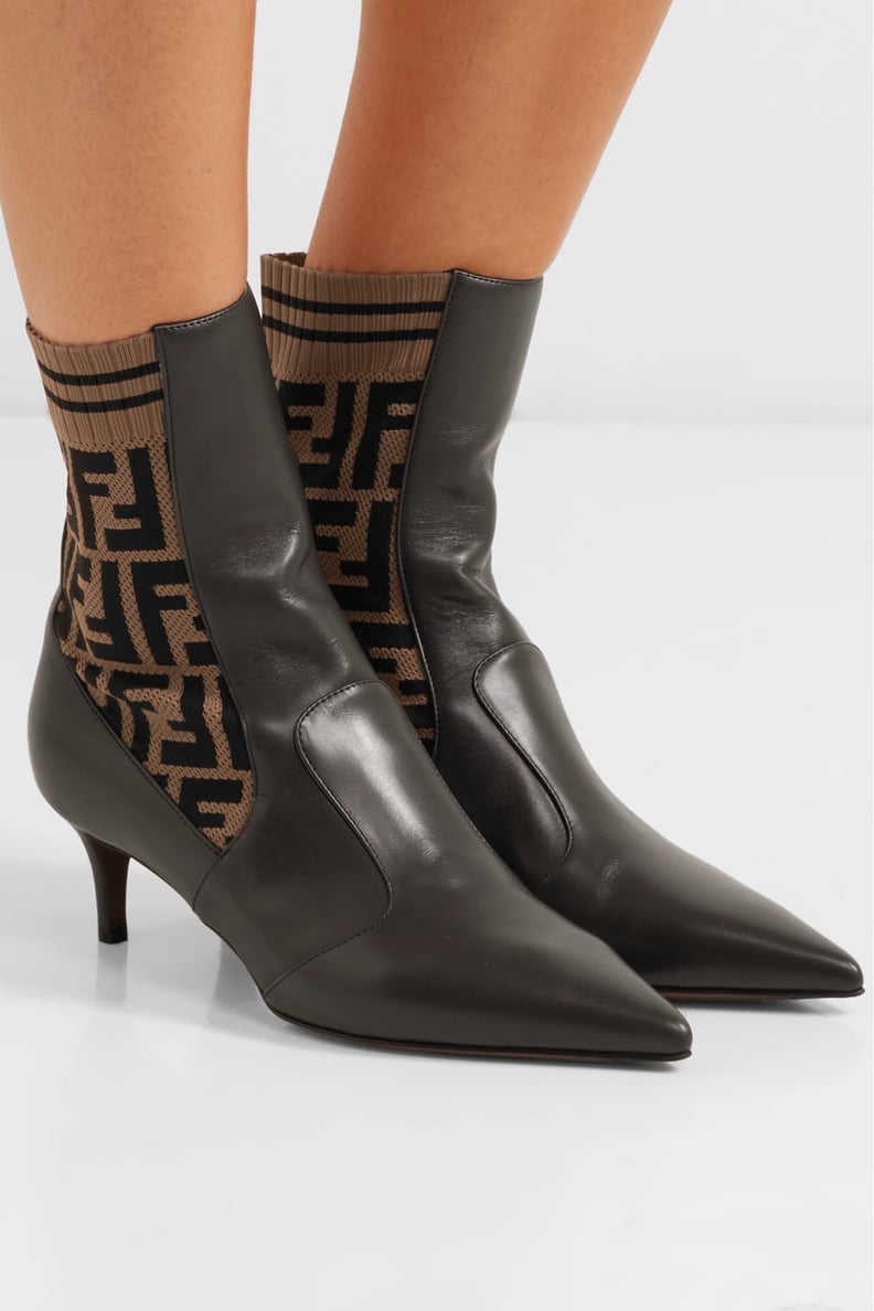 Fendi Rockoko Logo-Jacquard Stretch-Knit and Leather Ankle Boots