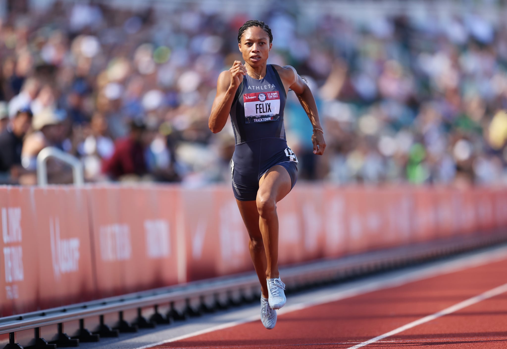 EUGENE, OREGON - JUNE 25: Allyson Felix competes in the Women' 200 Meters Semi-Finals during day eight of the 2020 U.S. Olympic Track & Field Team Trials at Hayward Field on June 25, 2021 in Eugene, Oregon. (Photo by Patrick Smith/Getty Images)