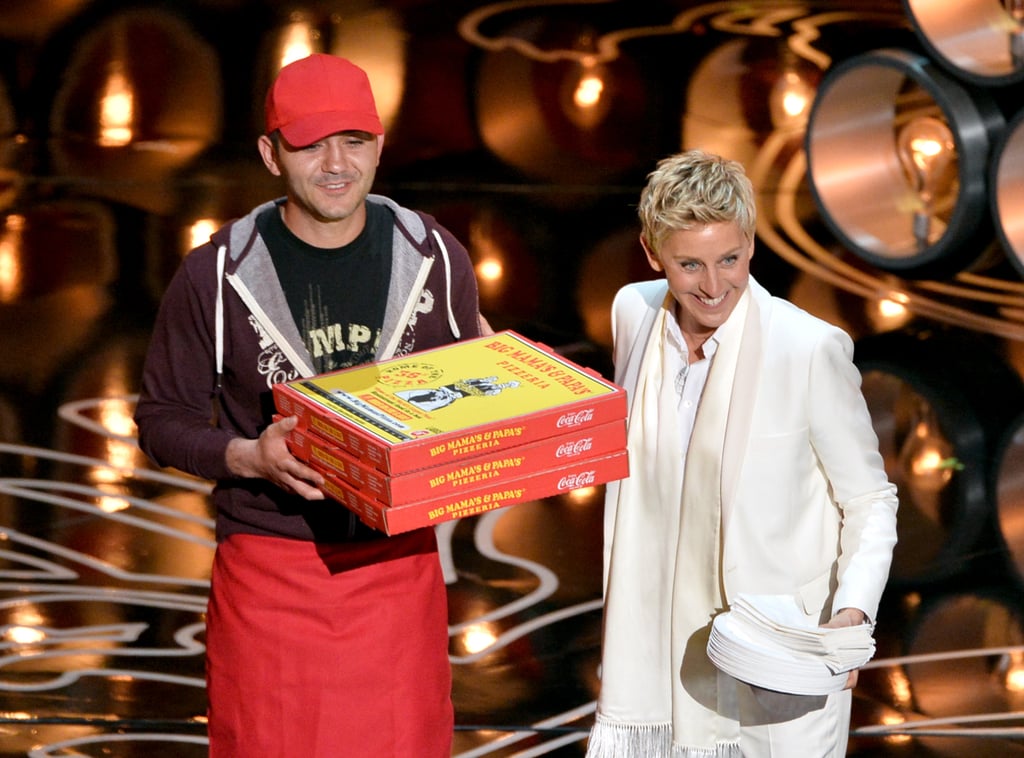 Ellen DeGeneres brought Edgar the pizza guy out on the stage — much to his surprise! — to serve pizza to the stars.
