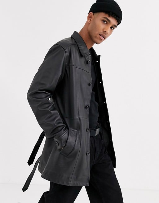 ASOS Design Leather Single Breasted Trench Coat in Black