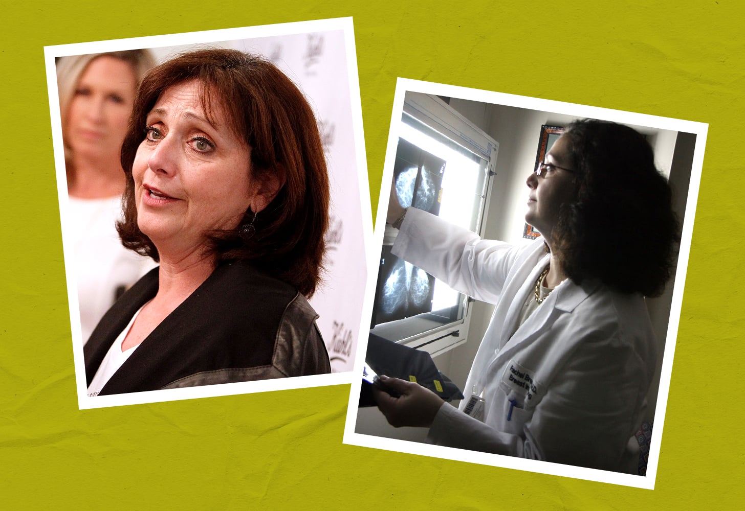 Two photos or Dr. Rachel Brem speaking and examining a mammogram.