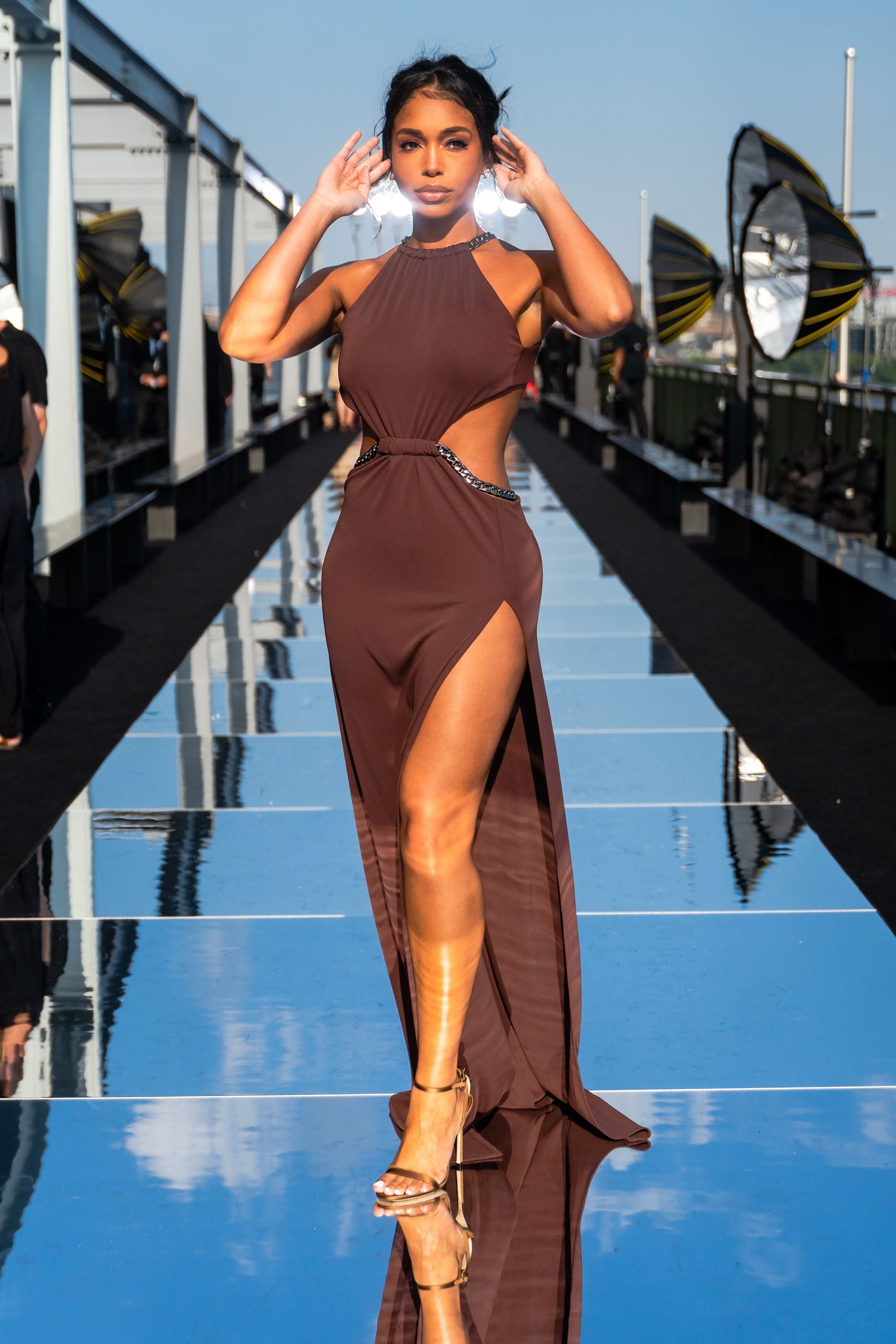 Lori Harvey Wears Brown Cutout Dress to NYFW Show