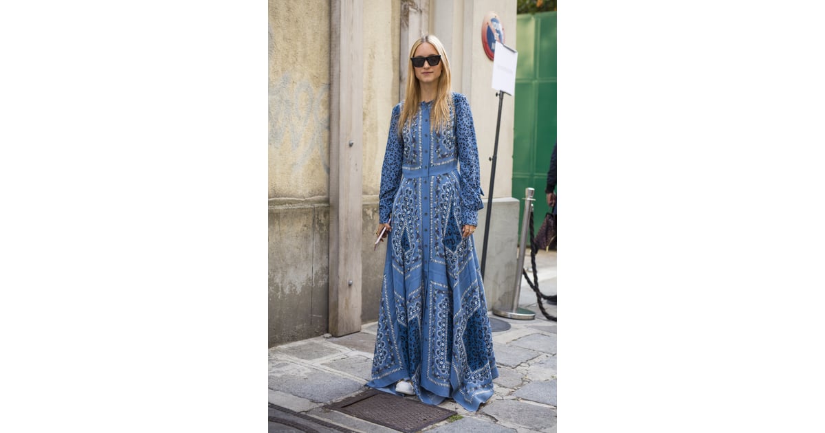 Wear a flowy maxi dress with white shoes. How to Wear a Maxi Dress POPSUGAR Fashion Photo 2