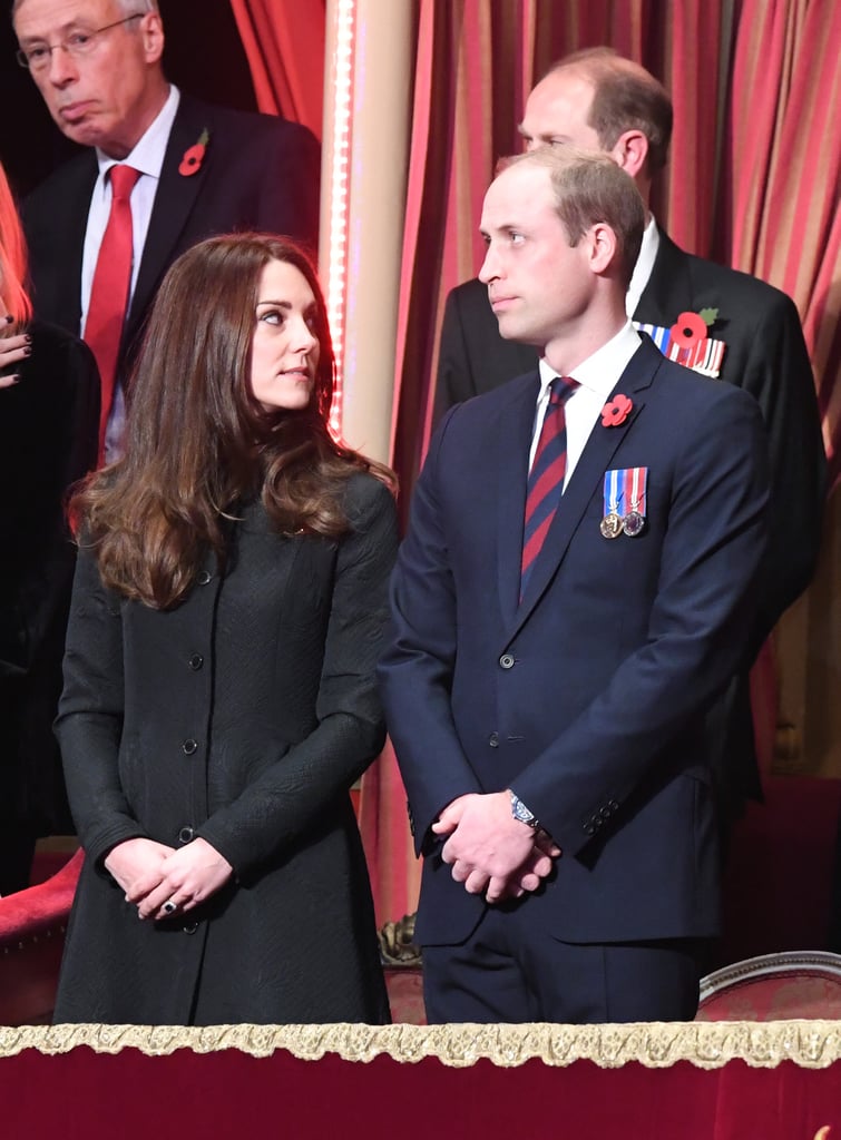 Following her  solo outing in London, Kate Middleton attended the British Legion's Festival of Remembrance with Prince William at the Royal Albert Hall in London. The royal couple was joined by Queen Elizabeth II, Prince Philip, and the Duke of Edinburgh, and sported red poppies as a symbol of remembrance and hope. The annual event takes place every year before Remembrance Sunday, and honors fallen soldiers and raises money for the Armed Forces community. 
Unfortunately, Prince Harry wasn't in attendance this time around, but earlier in the day, he was spotted at a rugby match between England and South Africa with Princess Charlene of Monaco.