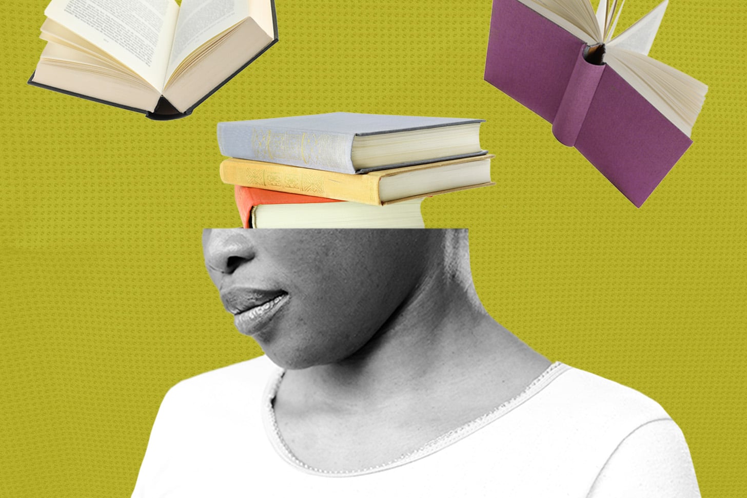 Collaged image with a woman with books coming out of her head. 