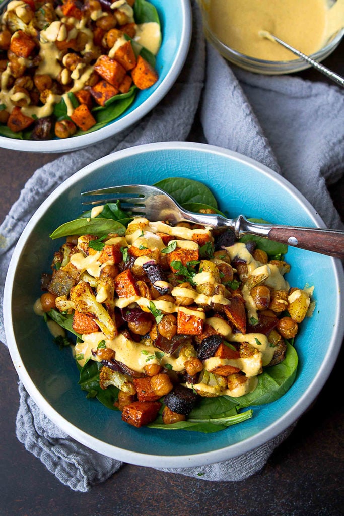 Roasted Vegetables and Chickpea Bowl With Hummus Dressing
