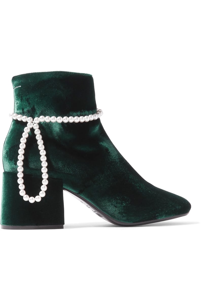 MM6 Maison Margiela Faux Pearl-Embellished Velvet Ankle Boots
