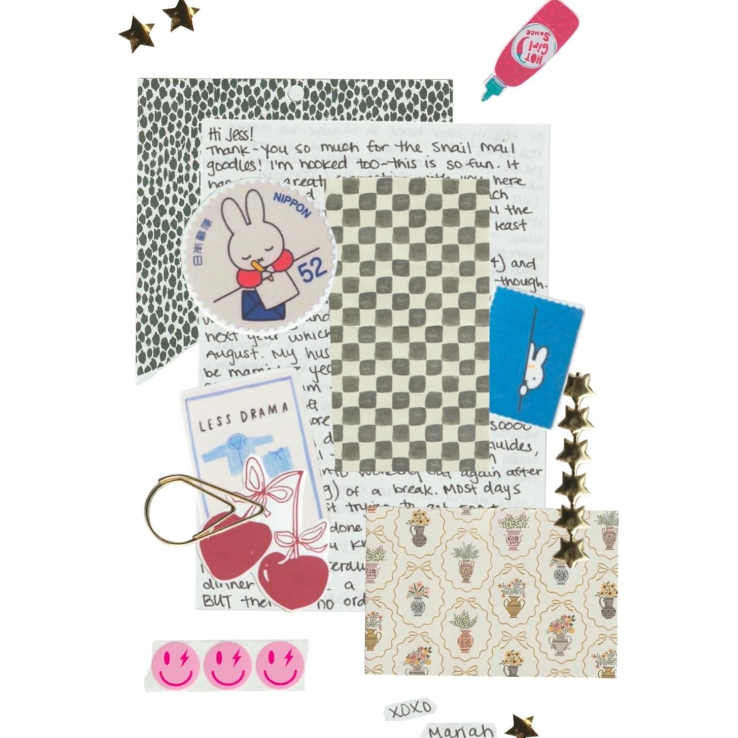 A photo scan of a snail mail letter that a woman received in the mail from her penpal. The letter is covered in cute stickers and doodles of a cat and a sriracha bottle.