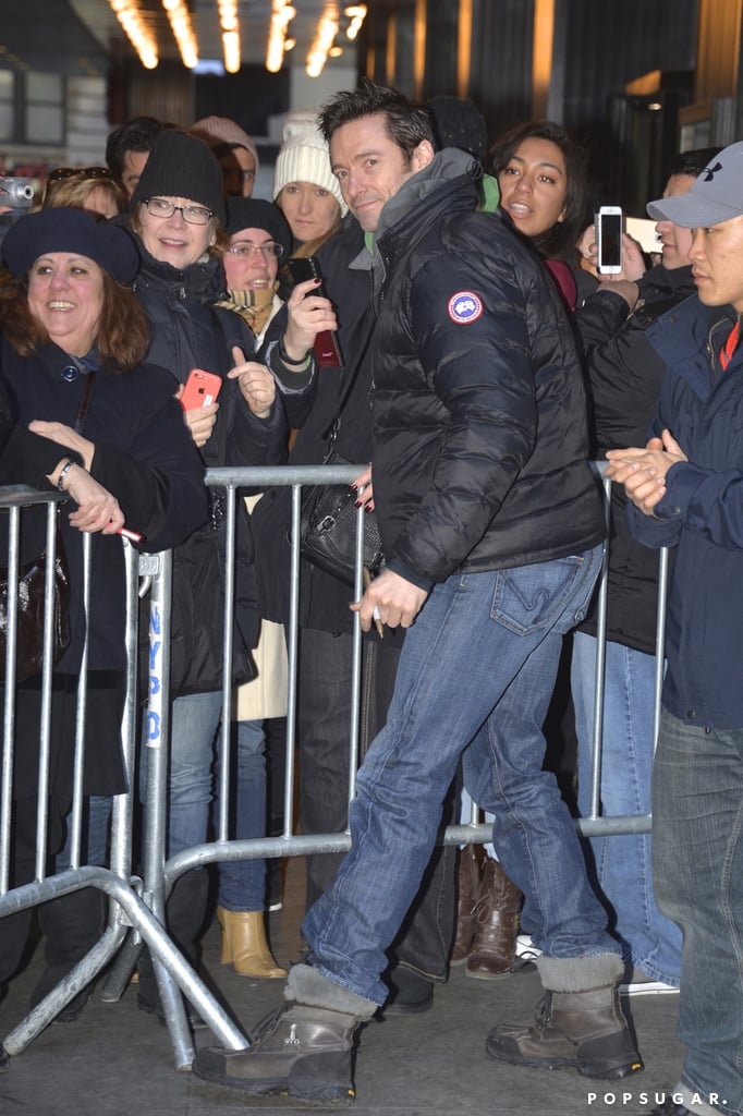 Hugh Jackman greeted fans outside the Broadway theater where he performs in The River in NYC on Saturday.