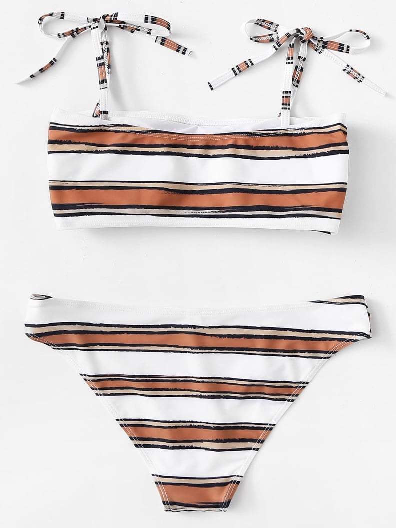 Shein Striped Self Tie Top With Seam Trim Bikini Set