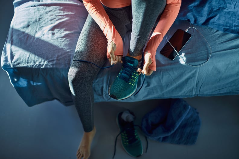 Close up of a woman getting ready for a workout