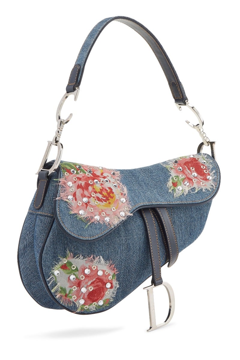 Saddle Micro Bag with Strap Blue Denim Embroidered with GoldTone Stars   DIOR
