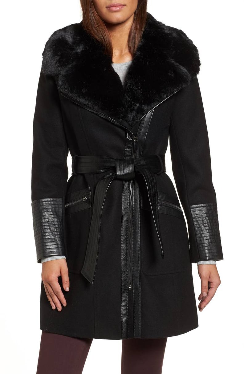 Via Spiga Women's Double Breasted Faux Fur Collar Fit 'n Flare Coat Black  Sz.10