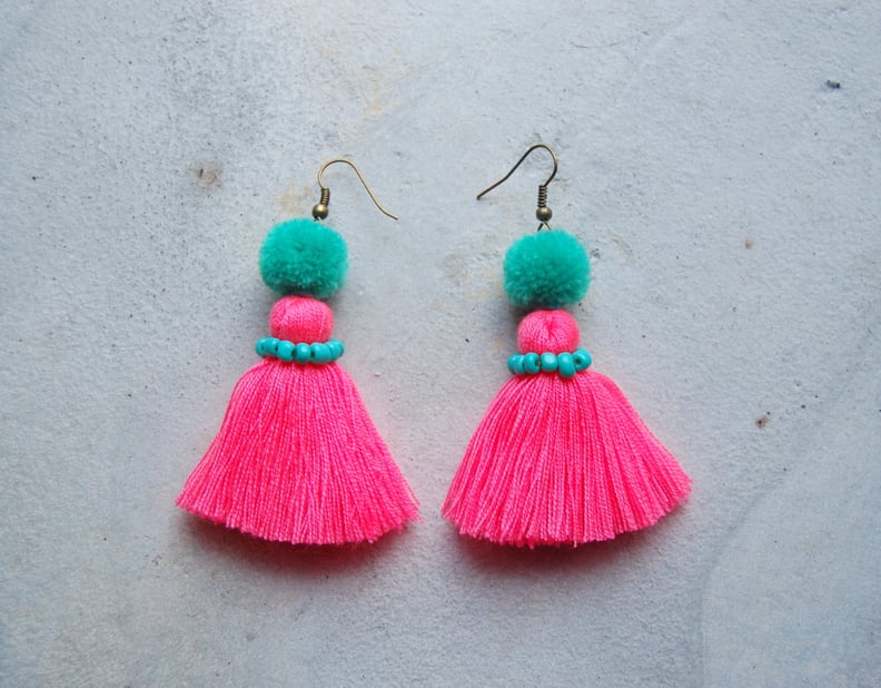 Neon Pink Tassel Earrings with Pom-Poms