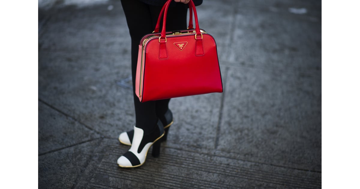 Red Prada met black and white heels. | Get Up Close With Street Style's  Best Accessories | POPSUGAR Fashion Photo 65