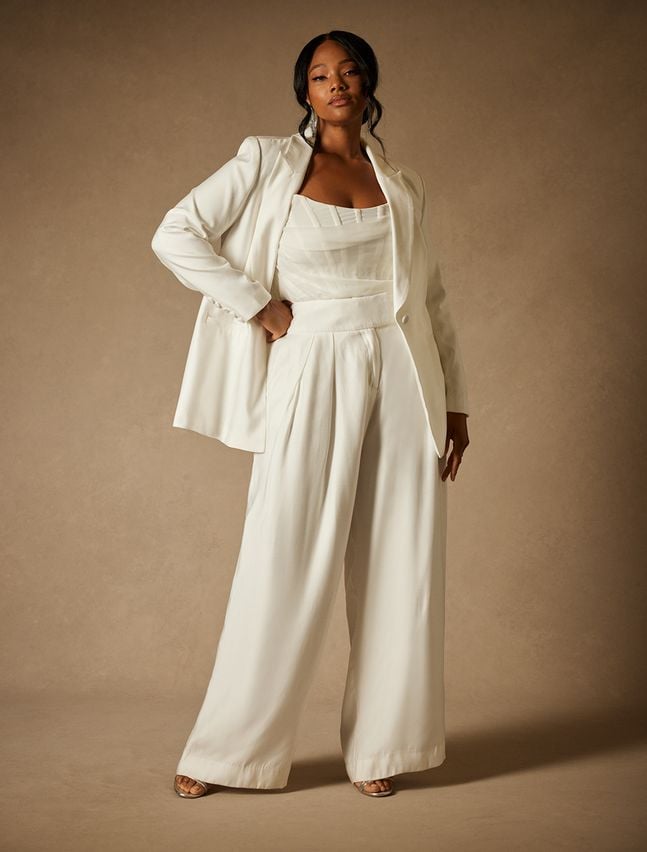 A Wedding Suit Bridal by Eloquii Wide Leg Pant, Bustier Top, and One Button Blazer