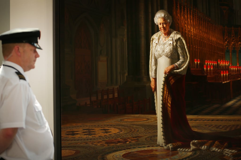 This portrait called "Glorious" was commissioned for the Diamond Jubilee to show the queen in the later years of her 60-year reign. After it was vandalized, it went back on display in Westminster Abbey with extra security.