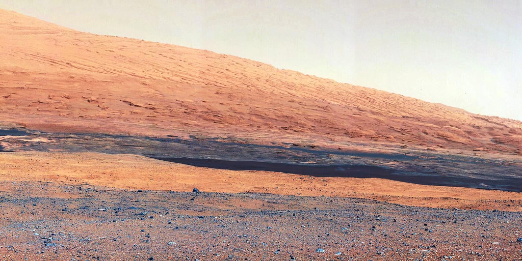 A closer view of Mount Sharp, a mountain inside Gale Crater, where the rover landed.
Source: NASA/JPL-Caltech/MSSS A closer view of Mount Sharp, a mountain inside Gale Crater, where the rover landed.
Source: NASA/JPL-Caltech/MSSS