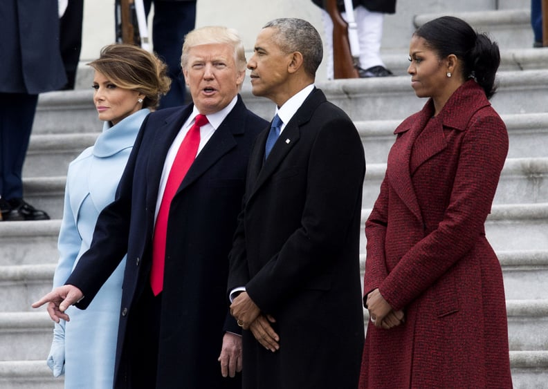 WASHINGTON, DC - JANUARY 20:   President Donald Trump (2nd-L) First Lady Melania Trump (L), former President Barack Obama (2nd-R) and former First Lady Michelle Obama walk together following the inauguration, on Capitol Hill in Washington, D.C. on January