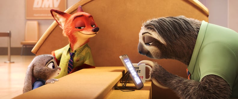 Judy Hopps, Nick Wilde, and Flash the Sloth in "Zootopia"