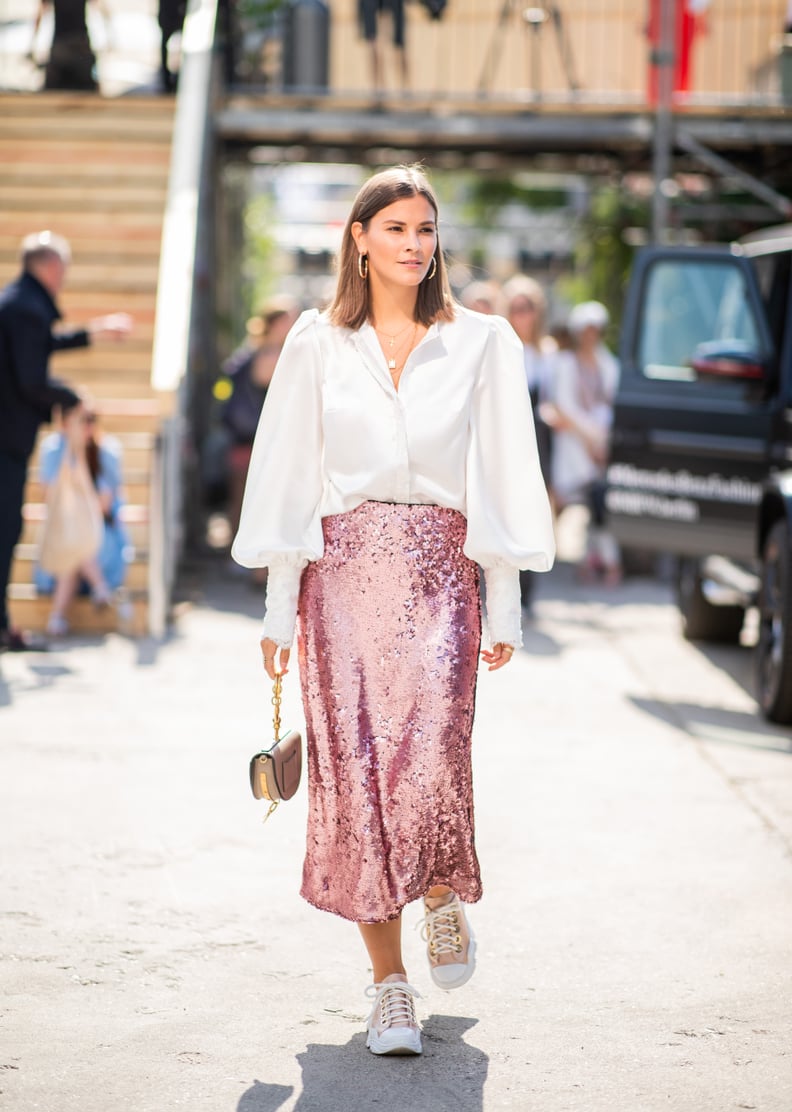 Oversize Blouse in a Loose Tuck Into Sequin Midi Skirt