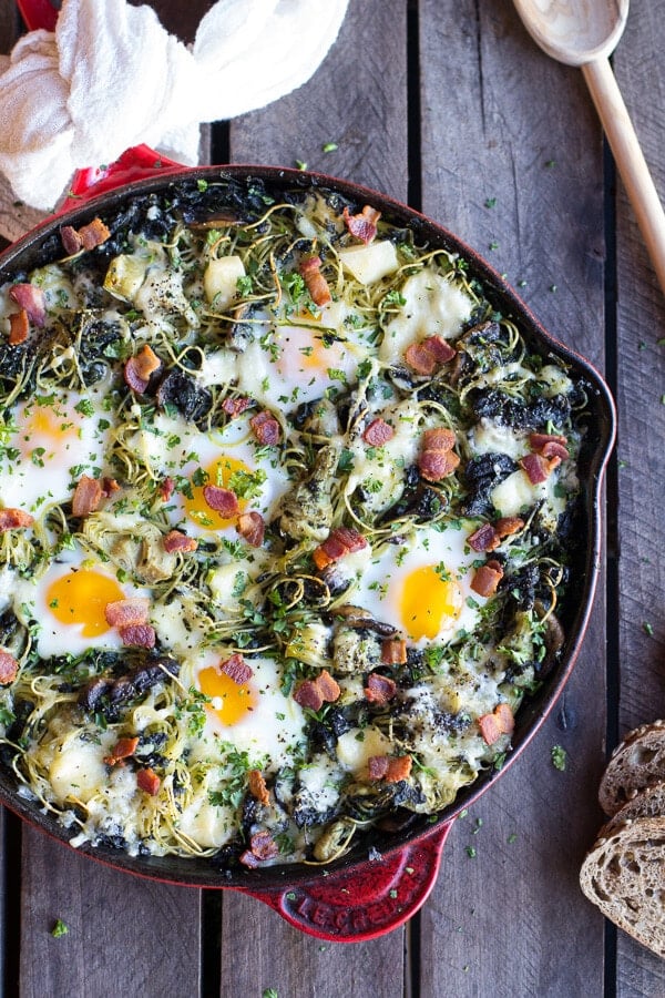 Fontina Spinach and Artichoke Breakfast Pasta Hash