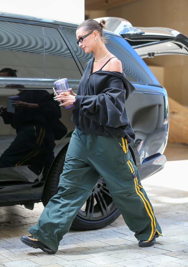 Hailey Bieber Wearing Vintage Abercrombie & Fitch Track Pants, May 2023