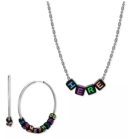Silver-Tone Interchangeable Lettering Bead Collar Necklace & Hoop Earring Gift Set