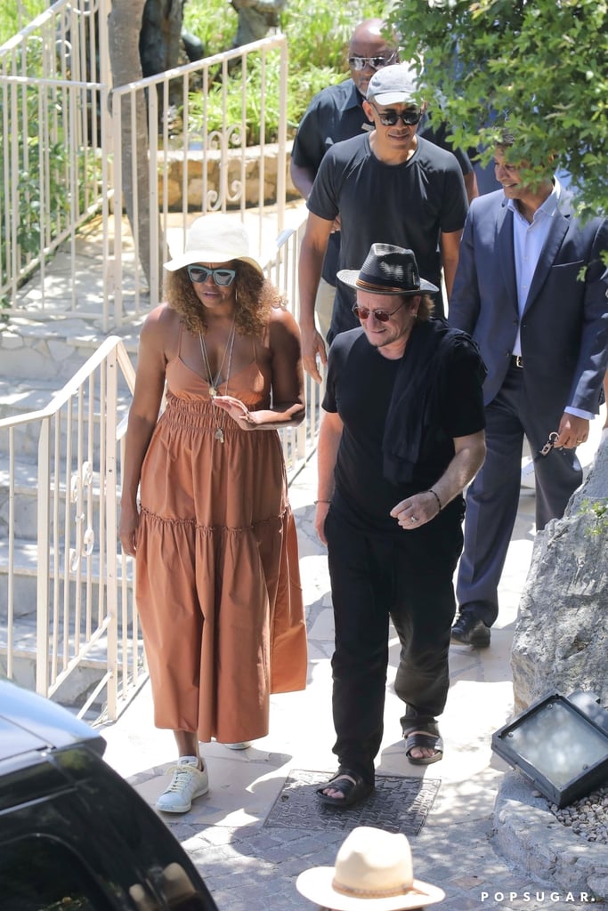 Michelle Obama Wearing a Tan Maxi Dress With Adidas Stan Smith Sneakers in France