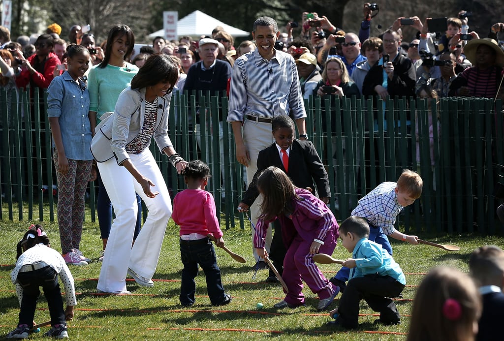 During the annual White House Easter Egg Roll in April 2013, Michelle Obama wore the same pair of flared white jeans, which she paired with a striped top, a blazer, and a sparkly pair of Converse.