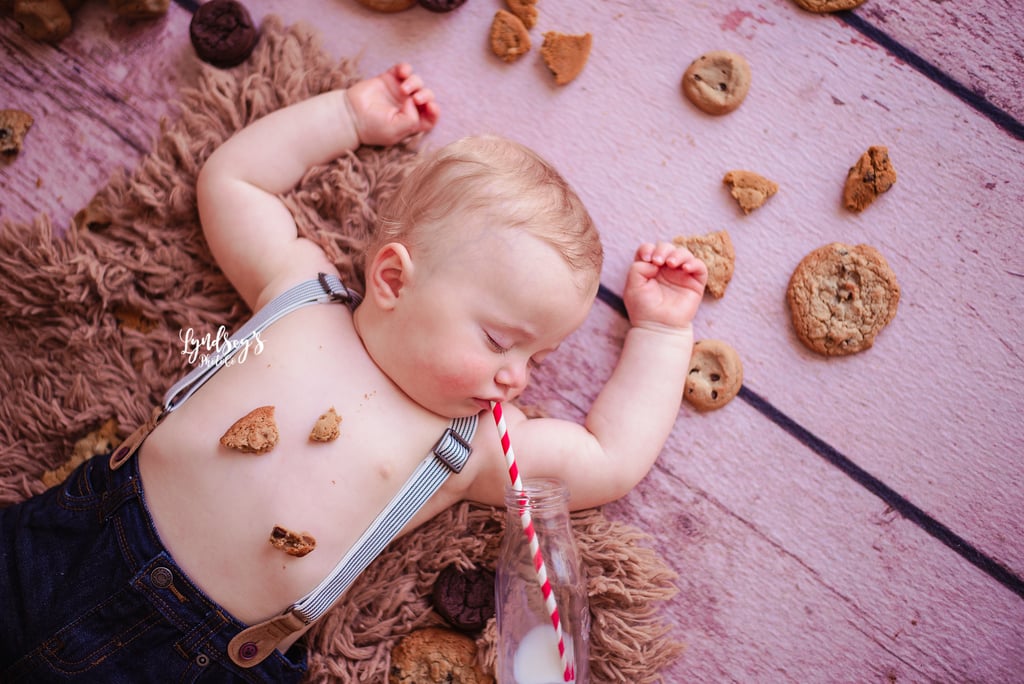Photos of Baby Asleep During Milk and Cookies Birthday Shoot