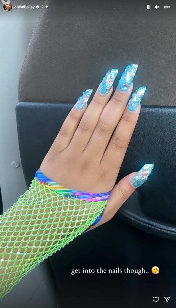 Chlöe Bailey's Green and Purple Cutout Bodysuit and Fishnets