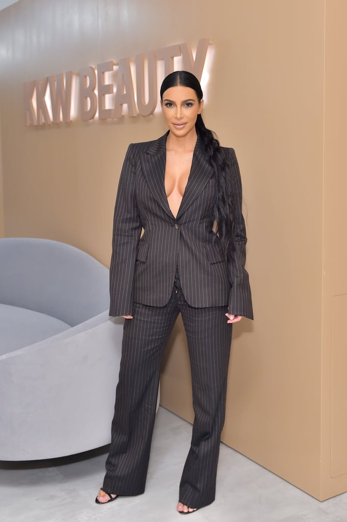 Kim Kardashian Pinstripe Suit at KKW Beauty Pop-Up Shop 2018