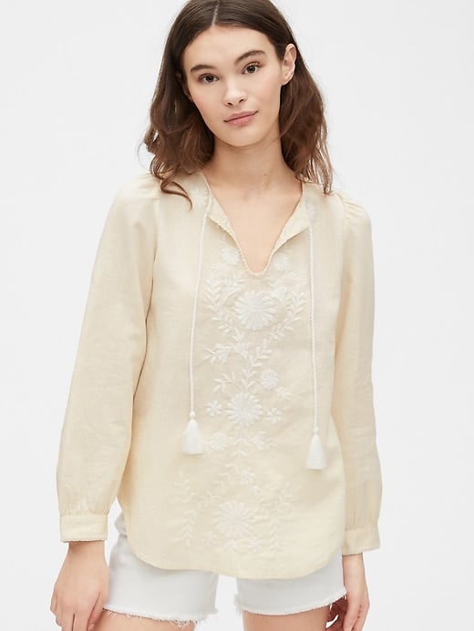 Gap Embroided Tie-Front Top in Linen-Cotton