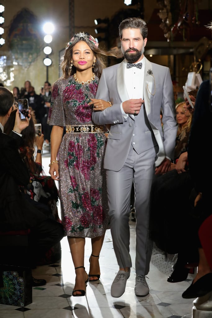 Walking at Dolce & Gabbana's Italian Christmas catwalk show at Harrods in 2017.