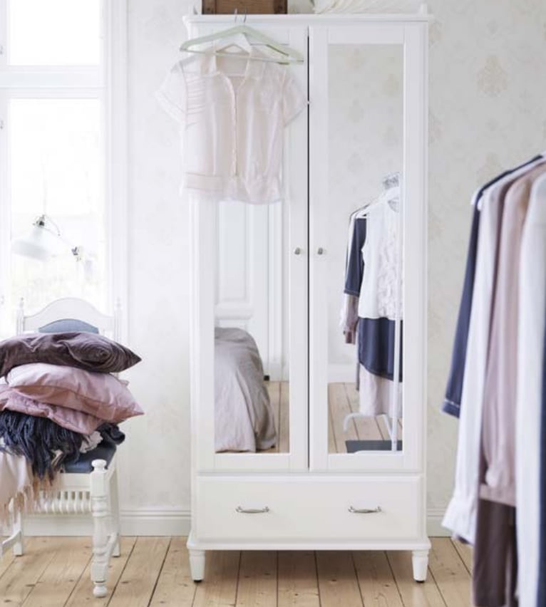 The Tyssedal collection puts an Ikea twist on a soft traditional shape. The mirrored doors and ample storage space inside the wardrobe ($339) make it perfect for bedrooms without a closet.