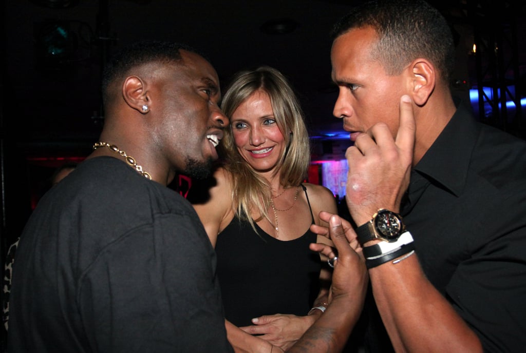 Cameron Diaz and then-beau Alex Rodriguez schmoozed with P. Diddy at the rapper's Super Bowl party in 2011.